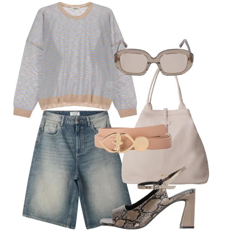 Outfit donna - Chic in bermuda. Stile Casual chic per Tutti i giorni. Abbinamento con bermuda, borse tote, maglieria, occhiali da sole, sandali col tacco, cinture.