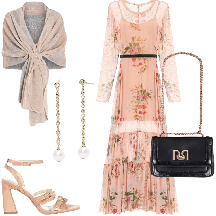 Outfit donna - Cerimonia romantica. Stile Romantica per Cerimonia. Abbinamento con orecchini, stole, borse a tracolla, sandali col tacco, vestiti lunghi.