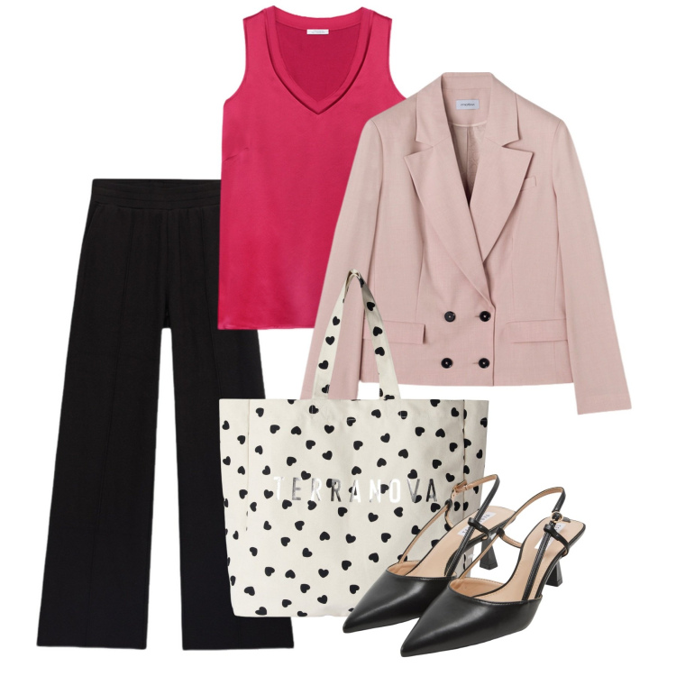 Outfit donna - Chic aprile. Stile Bon Ton per Ufficio. Abbinamento con sabot, borse tote, top, pantaloni, blazer.