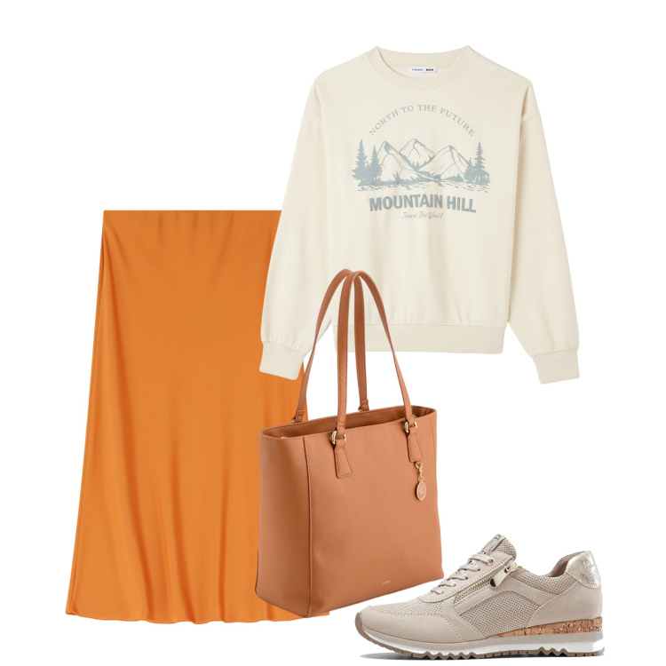 Outfit donna - Aprile. Stile Urban per Tutti i giorni. Abbinamento con sneakers, felpe, gonne longuette, shopping bag.