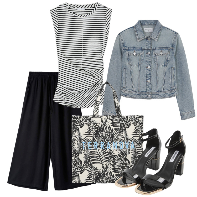 Outfit donna - Righe chic. Stile Casual chic per Tutti i giorni. Abbinamento con pantaloni a palazzo, borse tote, sabot, blazer, top.