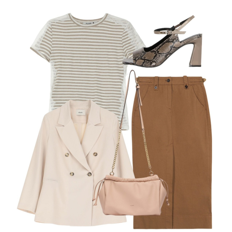 Outfit donna - Total look #2107234. Stile Casual chic per Tutti i giorni. Abbinamento con t-shirt, blazer, gonne, sandali col tacco, borse a tracolla.