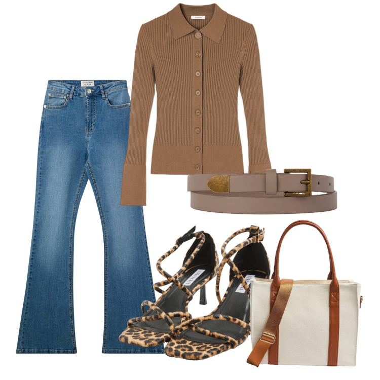 Outfit donna - Tocco animalier. Stile Casual chic per Tutti i giorni. Abbinamento con sandali col tacco, shopping bag, jeans a zampa, cinture, cardigans.