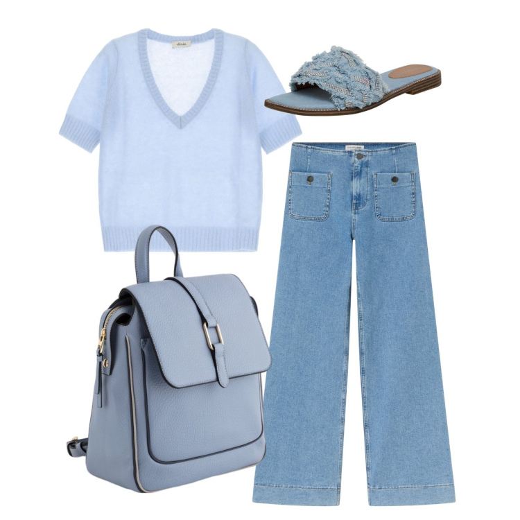 Outfit donna - Azzurro cielo - @angelbeautyeli. Stile Bon Ton per Tutti i giorni. Abbinamento con jeans, ciabatte, maglieria, zaini.