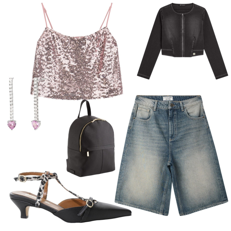 Outfit donna - Summer night. Stile Casual chic per Serata fuori. Abbinamento con bermuda, orecchini, top, décolleté, blazer, zaini.