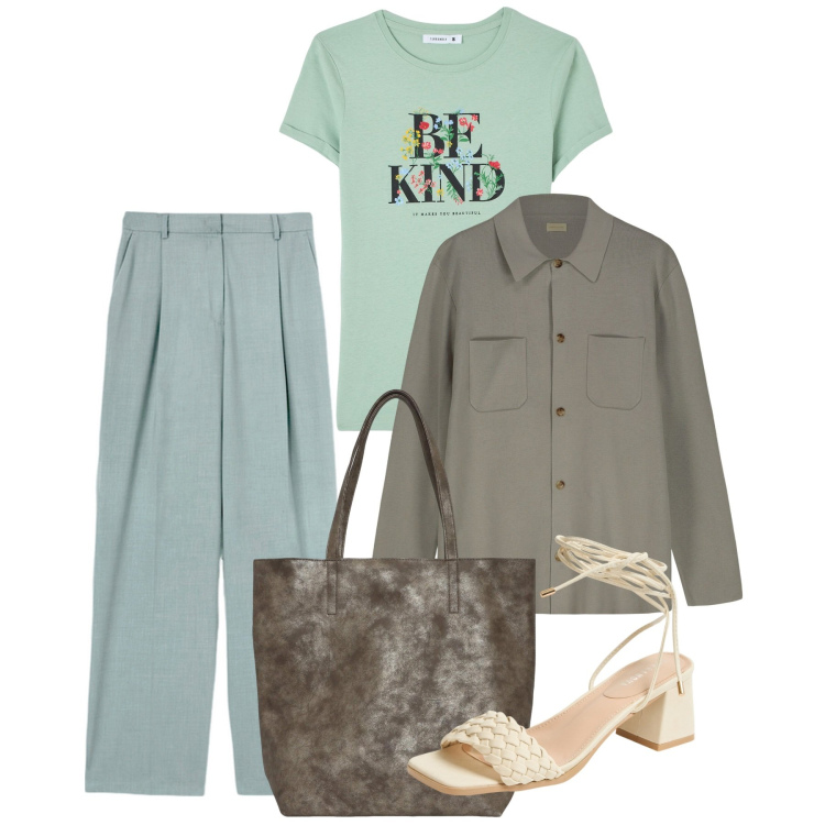 Outfit donna - Be kind. Stile Bon Ton per Tutti i giorni. Abbinamento con shopping bag, t-shirt, sandali alla schiava, pantaloni a palazzo, cardigans.