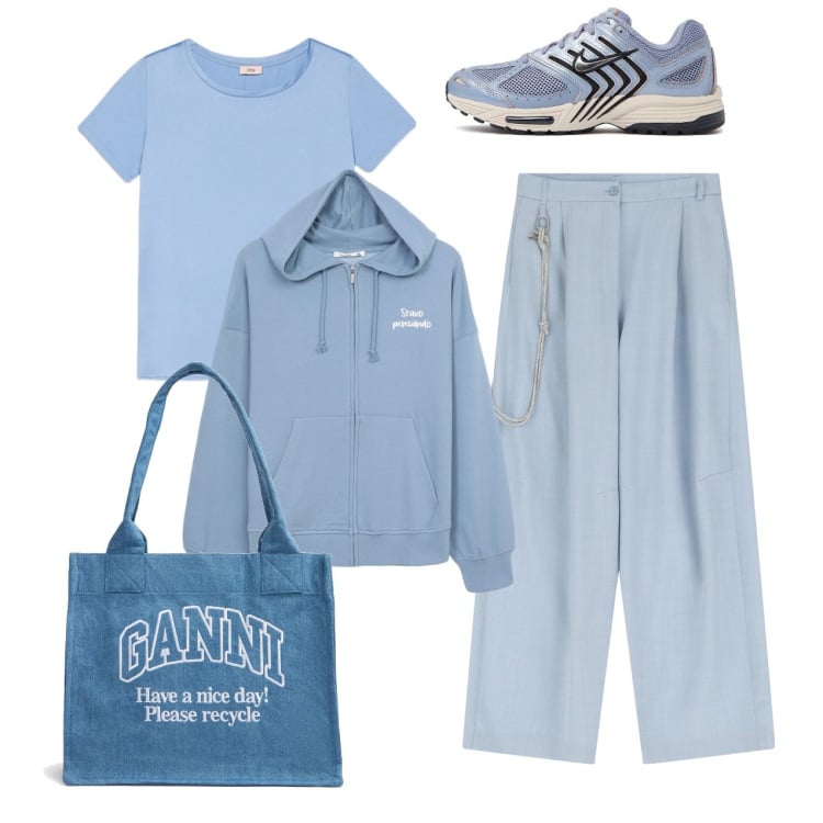 Outfit donna - Azzurro cielo - @angelbeautyeli. Stile Bon Ton per Tutti i giorni. Abbinamento con felpe con cappuccio, pantaloni, sneakers, t-shirt, shopping bag.