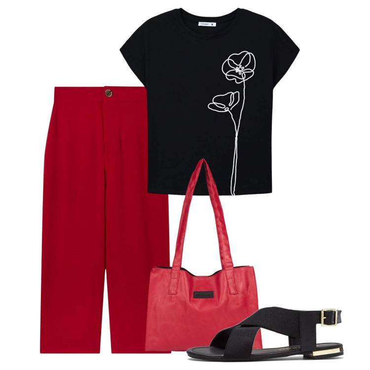 Outfit donna - Rosso e nero. Stile Bon Ton per Tutti i giorni. Abbinamento con sandali, pantaloni a palazzo, t-shirt, shopping bag.