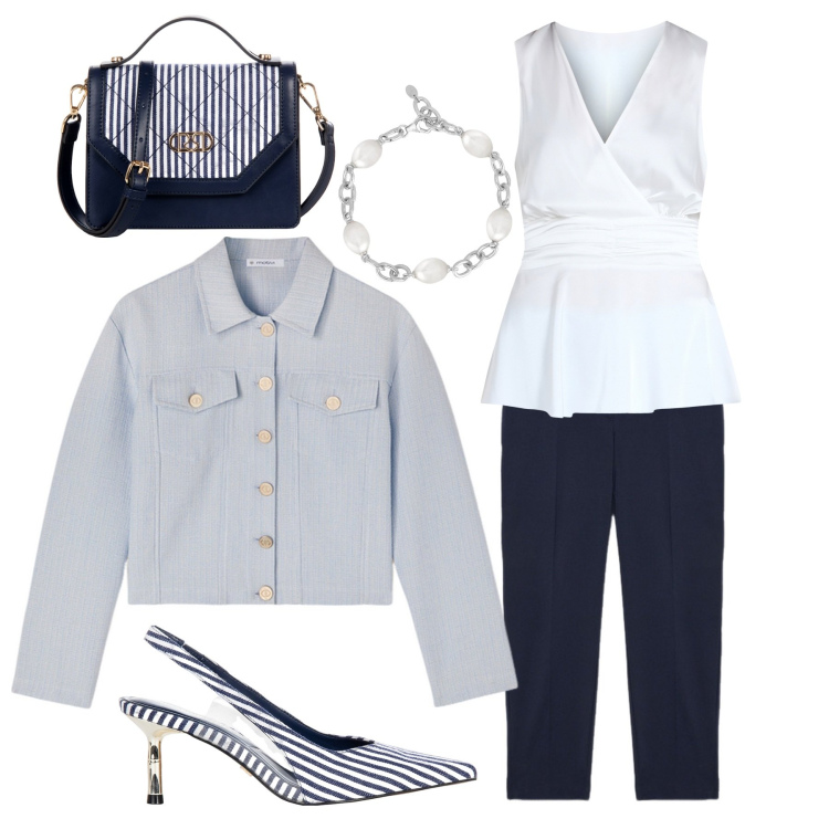 Outfit donna - Primavera con borsa e scarpe a righe. Stile Trendy per Tutti i giorni. Abbinamento con braccialetti, top, décolleté, borse a mano, pantaloni, blazer.