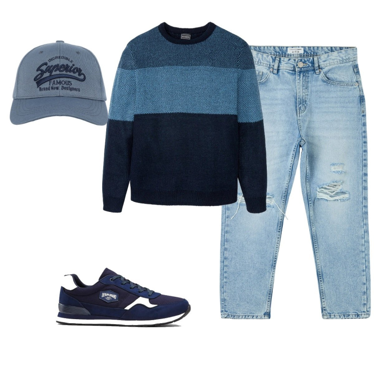 Outfit uomo - Total look #2107256. Stile Casual per Tutti i giorni. Abbinamento con sneakers, maglieria, jeans strappati, cappelli con visiera.