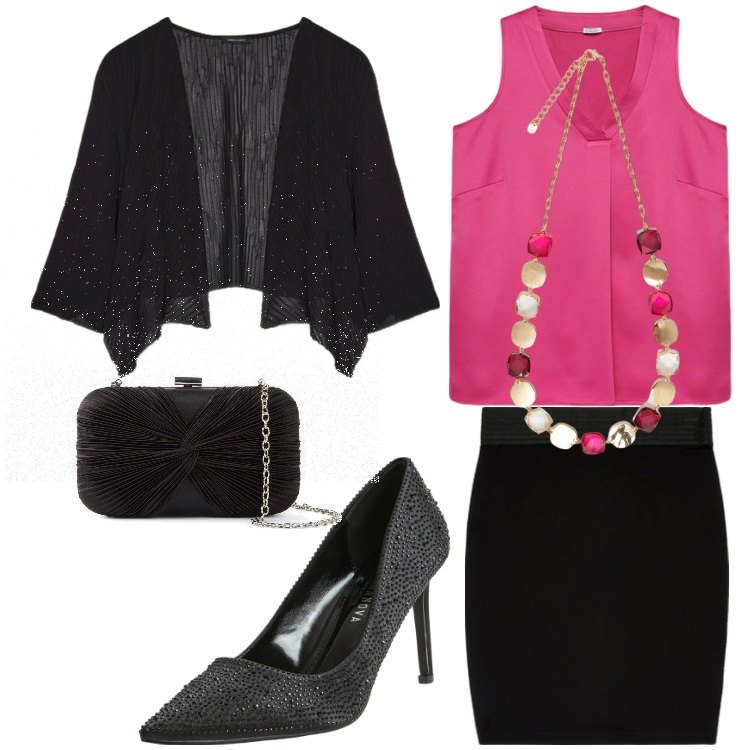 Outfit donna - Serata fucsia. Stile Chic per Serata fuori. Abbinamento con pochette, décolleté, bolero, collane, top, gonne.