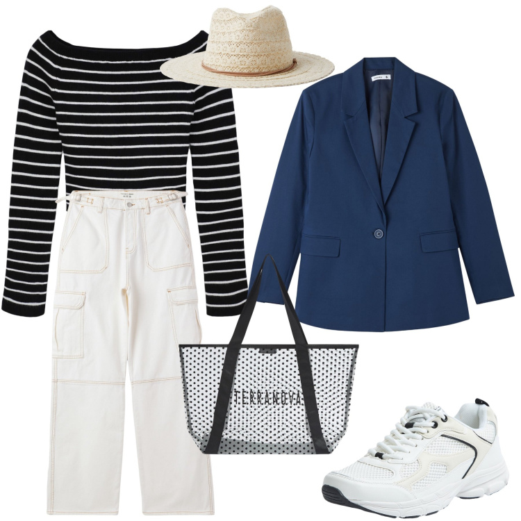 Outfit donna - Una giornata speciale. Stile Casual chic per Tutti i giorni. Abbinamento con maglieria, pantaloni cargo, cappelli, blazer, sneakers, shopping bag.