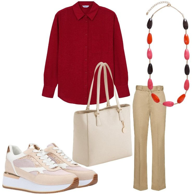 Outfit donna - La mia prof.. Stile Sporty chic per Tutti i giorni. Abbinamento con camicie, sneakers, collane, pantaloni, shopping bag.