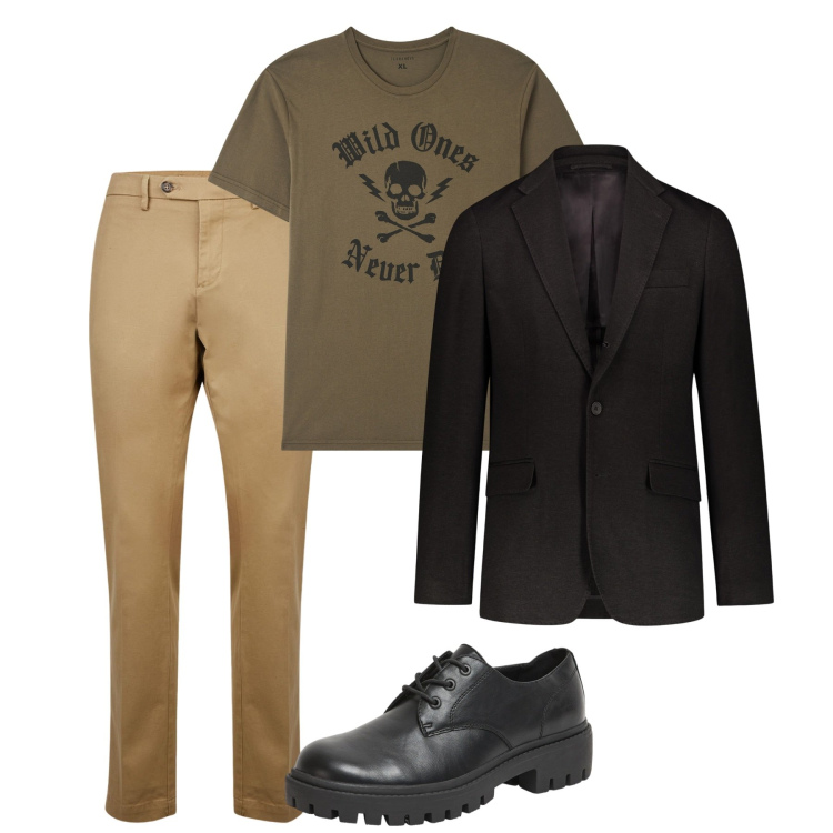 Outfit uomo - Total look city. Stile Casual per Tutti i giorni. Abbinamento con t-shirt, scarpe stringate, giacche, pantaloni chino.