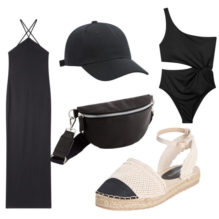 Outfit donna - Camminata lungo mare. per Mare. Abbinamento con cappelli, espadrillas, costumi interi, vestiti lunghi, marsupi.