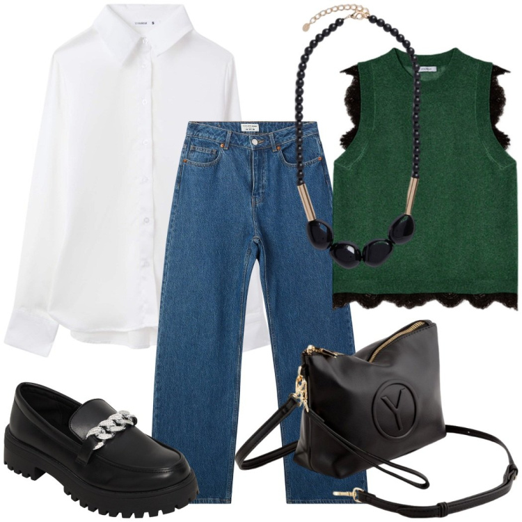 Outfit donna - Casual con stile. Stile Casual chic per Ufficio. Abbinamento con mocassini, camicie, jeans, top, valigie, collane.