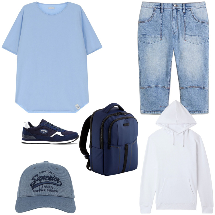 Outfit uomo - Bianco e celeste per ogni giorno. Stile Casual per Tutti i giorni. Abbinamento con sneakers, jeans dritti, felpe con cappuccio, cappelli con visiera, t-shirt, borse sportive.