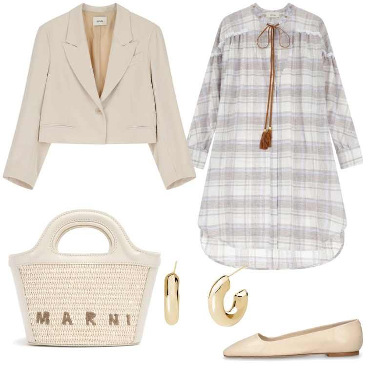 Outfit donna - Abito a quadri. Stile Casual per Tutti i giorni. Abbinamento con orecchini, blazer, vestiti, ballerine, borse a mano.