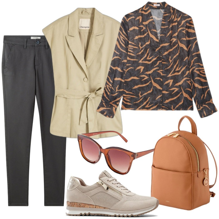 Outfit donna - Gita fuori porta. Stile Casual chic per Tutti i giorni. Abbinamento con sneakers, occhiali da sole, gilet, pantaloni chino, zaini, camicie.