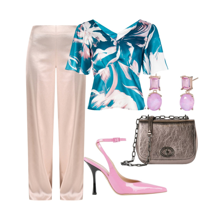 Outfit donna - Delicatezza. Stile Casual chic per Ufficio. Abbinamento con décolleté, pantaloni a palazzo, bluse, orecchini, borse a tracolla.