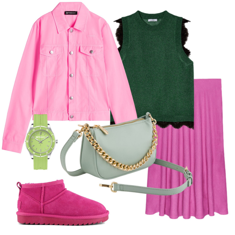 Outfit donna - Pink and green. Stile Casual chic per Tutti i giorni. Abbinamento con orologi, blazer, stivali, gonne, borse a tracolla, top.