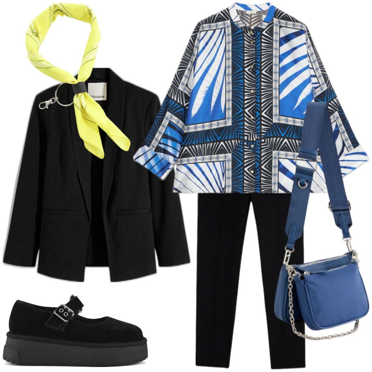 Outfit donna - Eleganza e comodità a lavoro. Stile Casual chic per Ufficio. Abbinamento con blazer, foulard, décolleté, camicie, pantaloni skinny, pochette.