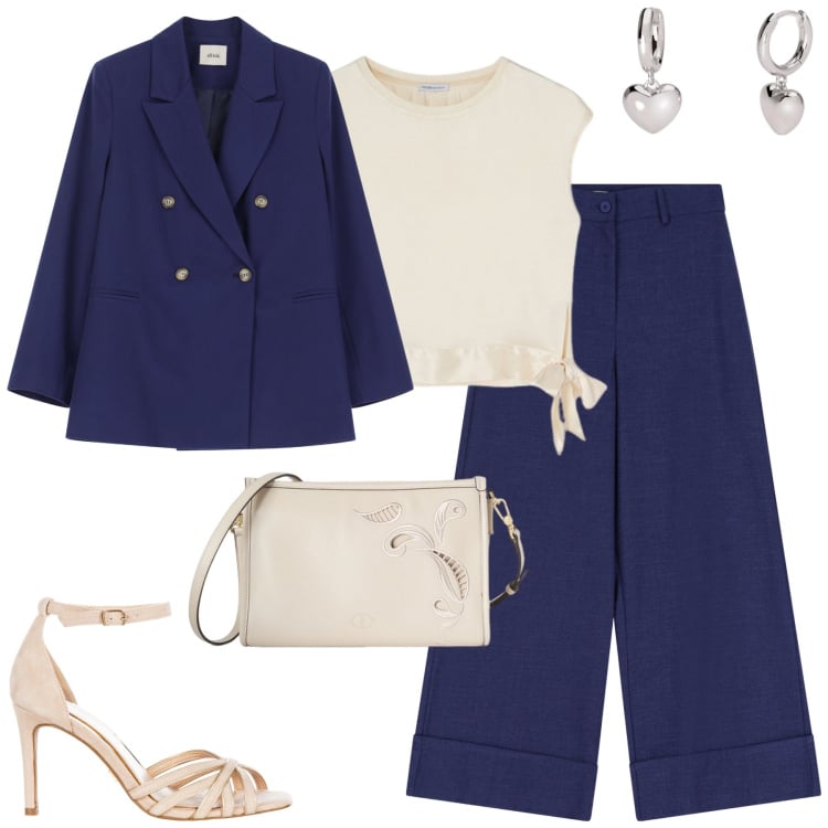 Outfit donna - Elegante. Stile Chic per Serata fuori. Abbinamento con orecchini, sandali col tacco, blazer, pantaloni a palazzo, borse a tracolla, bluse.