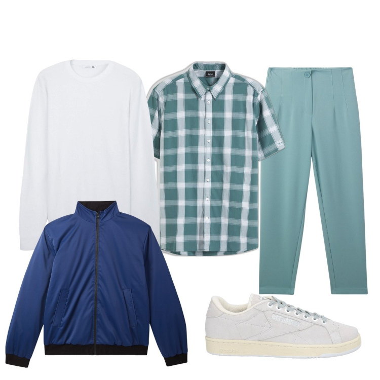 Outfit uomo - Verde acqua. Stile Casual per Tutti i giorni. Abbinamento con camicie a manica corta, sneakers, maglieria, pantaloni chino, giacche.