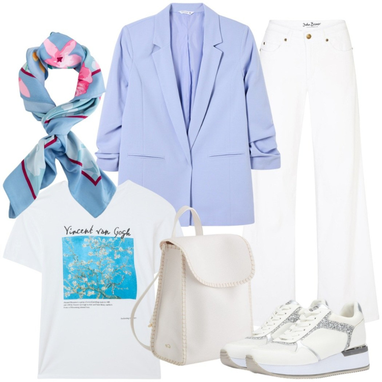 Outfit donna - Un blazer color glicine ed è primavera. Stile Casual chic per Tutti i giorni. Abbinamento con jeans, t-shirt, blazer, sneakers, foulard, zaini.