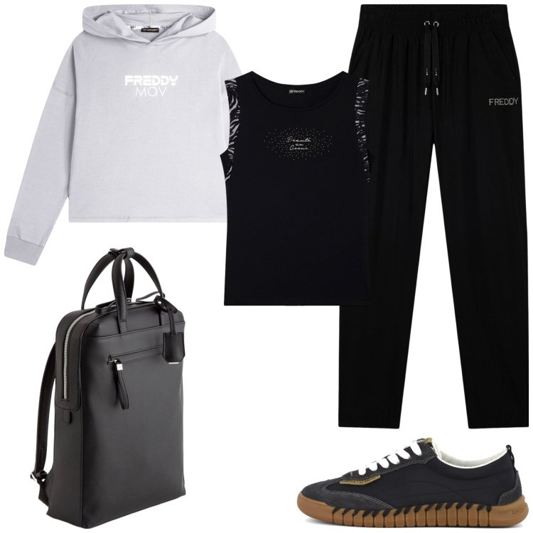Outfit donna - Con Freddy in palestra. Stile Basic per Tutti i giorni. Abbinamento con pantaloni sportivi, t-shirt, felpe sportive, sneakers, zaini.
