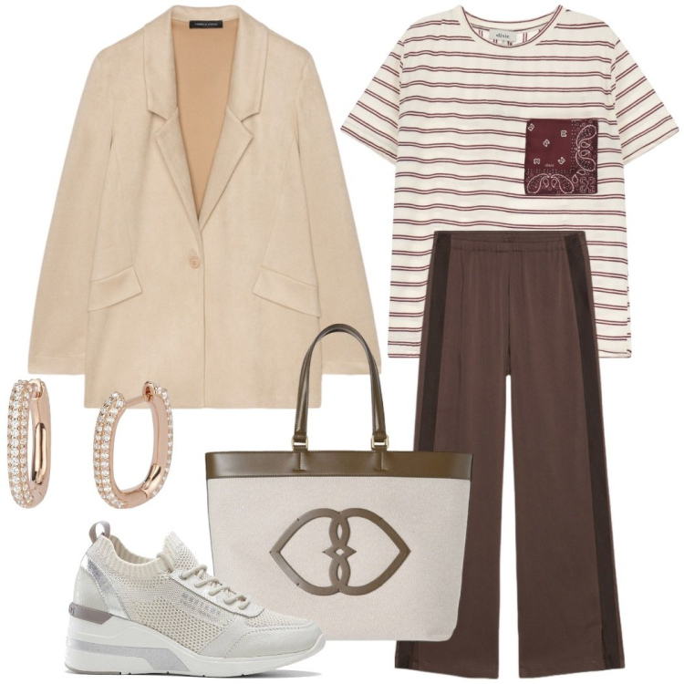 Outfit donna - Il blazer indispensabile. Stile Casual chic per Tutti i giorni. Abbinamento con sneakers, orecchini, t-shirt, blazer, pantaloni a palazzo, shopping bag.
