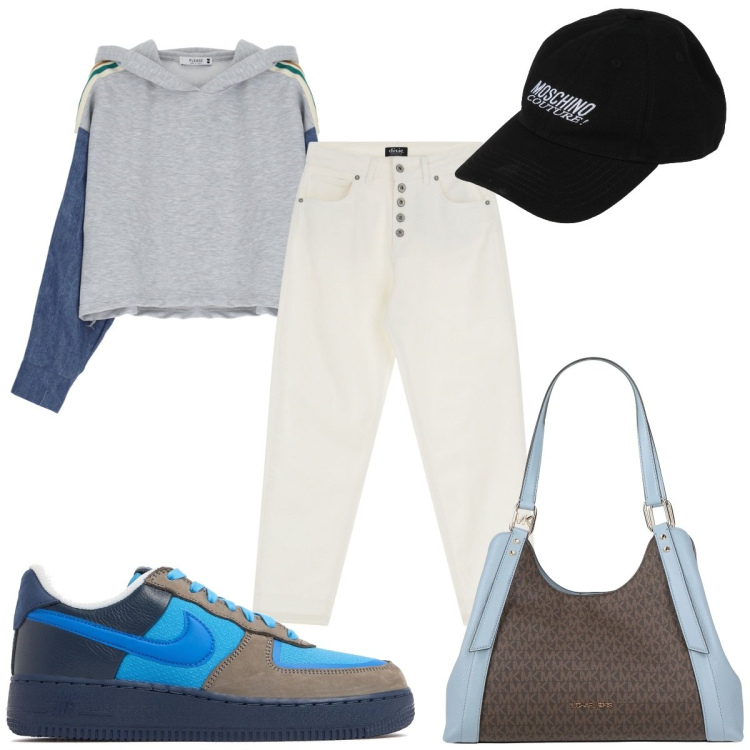 Outfit donna - Total look #2107345. Stile Trendy per Tutti i giorni. Abbinamento con borse a mano, cappelli con visiera, felpe con cappuccio, jeans, sneakers.