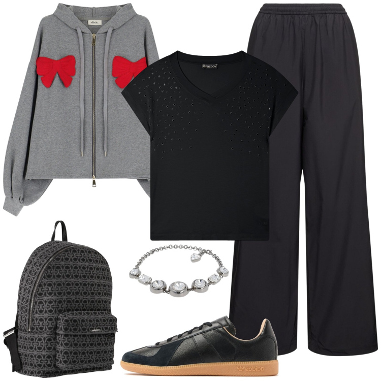 Outfit donna - Sportiva e chic. Stile Casual chic per Tutti i giorni. Abbinamento con zaini, t-shirt, felpe con cappuccio, pantaloni sportivi, collane, sneakers.