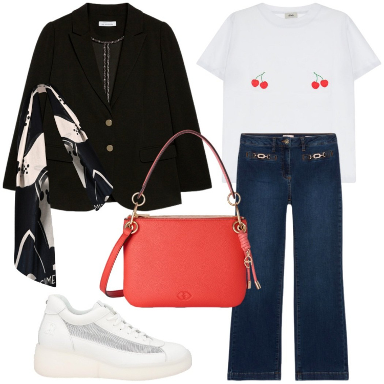 Outfit donna - Blazer e t-shirt casual chic. Stile Casual chic per Tutti i giorni. Abbinamento con sneakers, t-shirt, sciarpe, jeans, blazer, borse a tracolla.