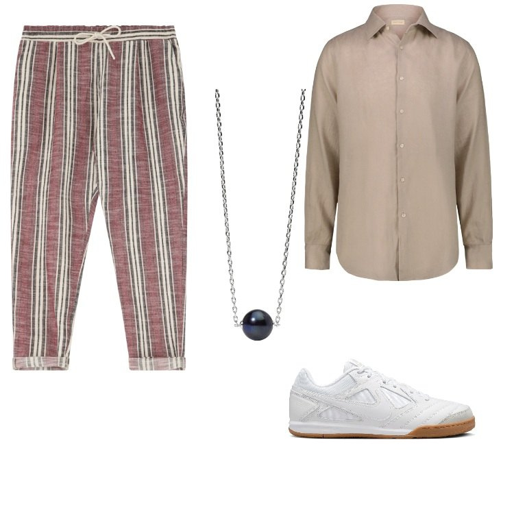 Outfit uomo - Pantaloni a righe. Stile Trendy per Tutti i giorni. Abbinamento con collane, pantaloni, camicie, sneakers.