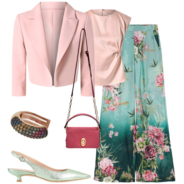 Outfit donna - Cerimonia. Stile Glamour per Cerimonia. Abbinamento con décolleté, pantaloni, top, blazer, orecchini, borse a tracolla.