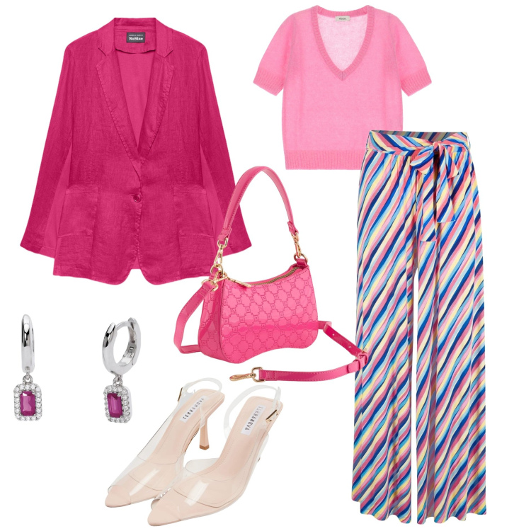 Outfit donna - Passeggiata di Primavera. Stile Casual chic Abbinamento con pantaloni a palazzo, sandali col tacco, orecchini, maglieria, blazer, borse a tracolla.