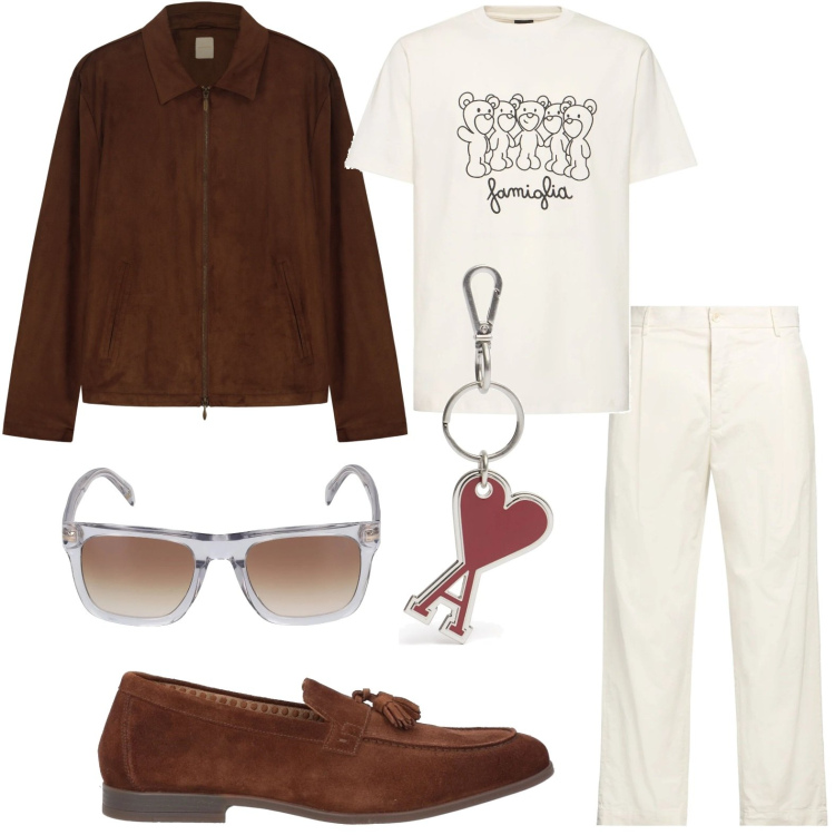 Outfit uomo - Apericena al lago. Stile Trendy per Tutti i giorni. Abbinamento con scarpe stringate, pantaloni, giacche, occhiali da sole, t-shirt, portachiavi.