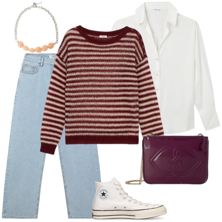 Outfit donna - Il golf a righe. Stile Casual per Tutti i giorni. Abbinamento con jeans, camicie, collane, maglieria, sneakers, pochette.