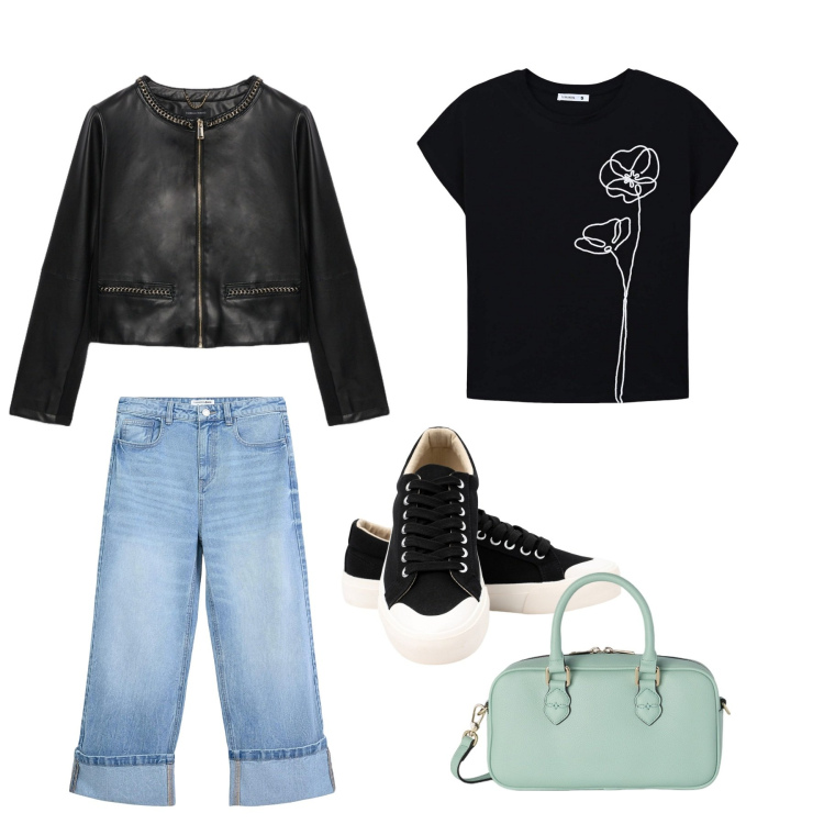 Outfit donna - Sportivo semplice. Stile Casual per Tutti i giorni. Abbinamento con blazer, t-shirt, sneakers, jeans, borse a mano.