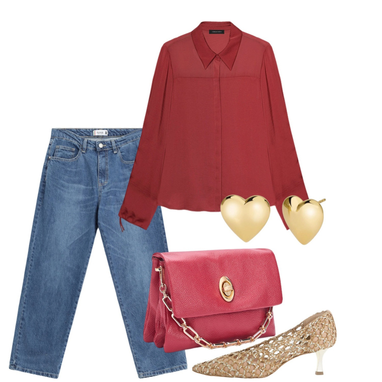 Outfit donna - Casual cherry. Stile Casual chic per Tutti i giorni. Abbinamento con orecchini, jeans dritti, décolleté, camicie, borse a tracolla.