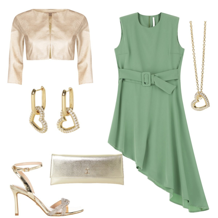 Outfit donna - Cerimonia. Stile Romantica per Cerimonia. Abbinamento con orecchini, collane, bolero, sandali col tacco, vestiti corti, pochette.