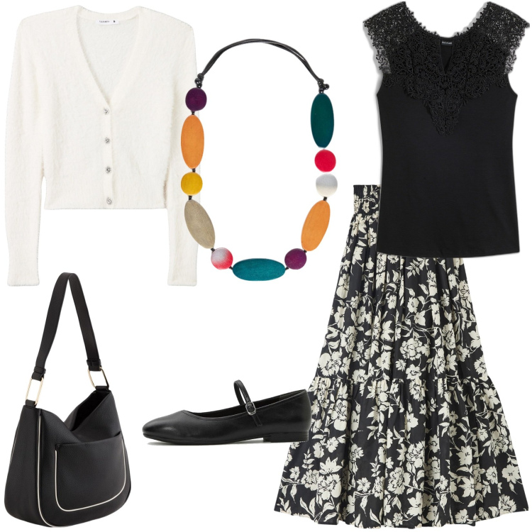 Outfit donna - In ufficio a primavera. Stile Romantica per Ufficio. Abbinamento con top, ballerine, gonne lunghe, cardigans, collane, borse a tracolla.