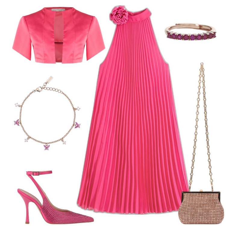 Outfit donna - Cerimonia Plissè. Stile Glamour per Cerimonia. Abbinamento con vestiti, décolleté, anelli, braccialetti, bolero, clutch.