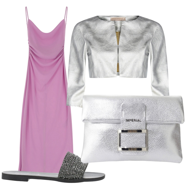 Outfit donna - Rosa e argento. Stile Casual per Serata fuori. Abbinamento con sandali in pelle, vestiti, bolero, pochette.