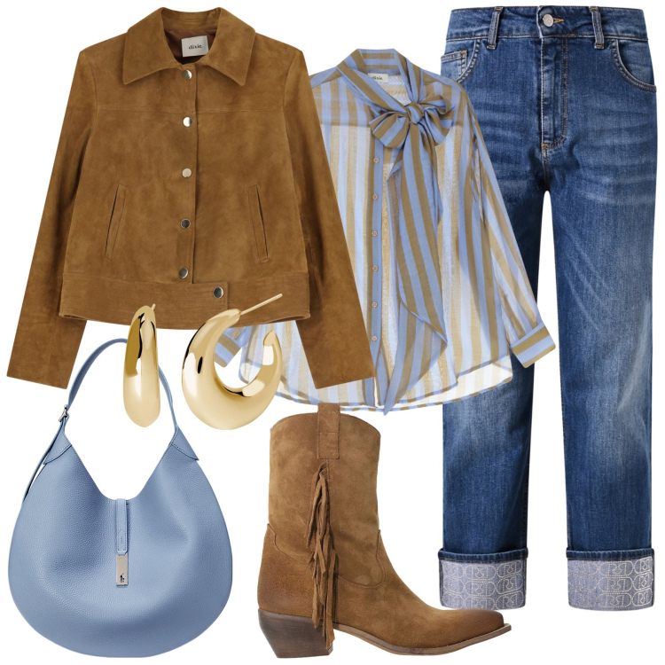 Outfit donna - Camoscio e celeste. Stile Casual per Tutti i giorni. Abbinamento con camicie, giacche, stivali, orecchini, jeans dritti, borse a spalla.