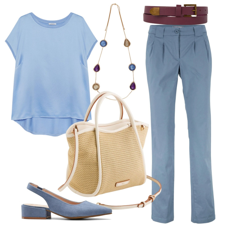 Outfit donna - Azzurro come il cielo. Stile Chic per Ufficio. Abbinamento con décolleté, pantaloni chino, cinture, bluse, borse a mano, collane.