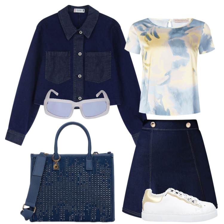 Outfit donna - In jeans. Stile Casual chic per Scuola/Università. Abbinamento con sneakers, minigonne, bluse, blazer, occhiali da sole, borse a mano.