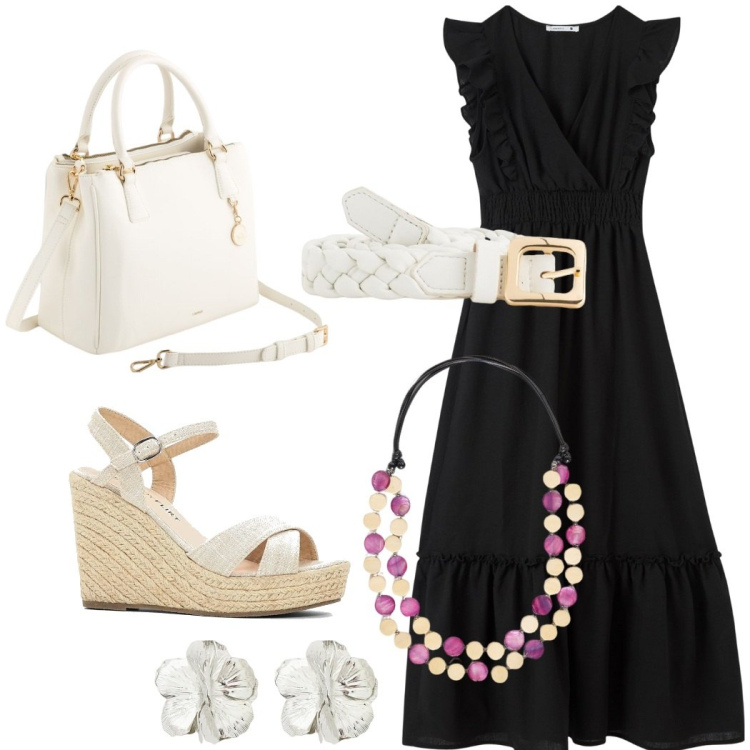 Outfit donna - Outfit giorno. Stile Casual chic per Tutti i giorni. Abbinamento con sandali, vestiti lunghi, orecchini, borse a mano, cinture, collane.