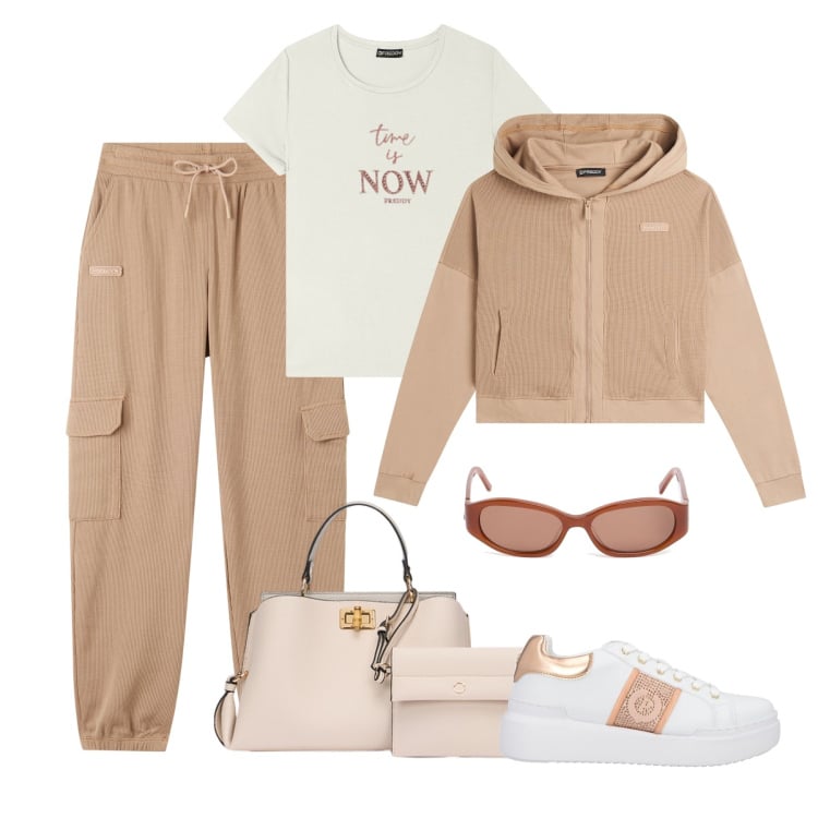 Outfit donna - Giornata comoda. Stile Urban per Tutti i giorni. Abbinamento con sneakers, pantaloni sportivi, felpe con cappuccio, t-shirt, borse a mano, occhiali da sole.